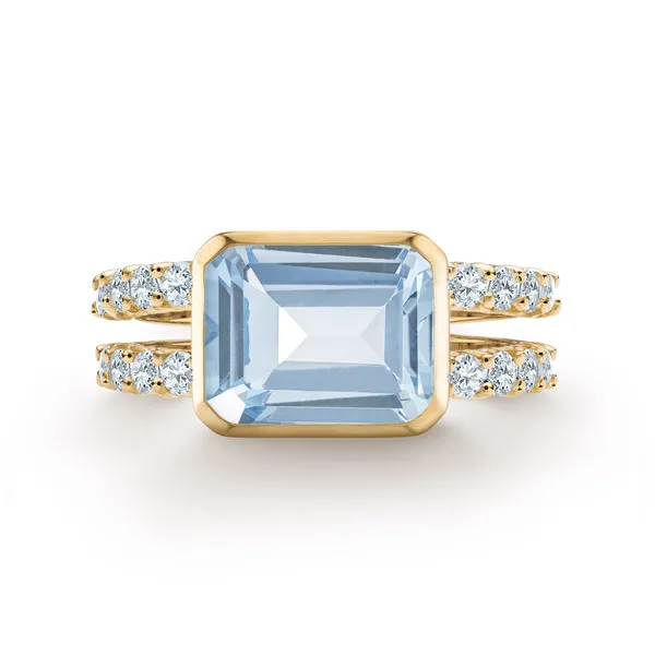 Personalized Warren Horizontal Birthstone Ring with Accent Stones in 14k Gold sold by Haverhill