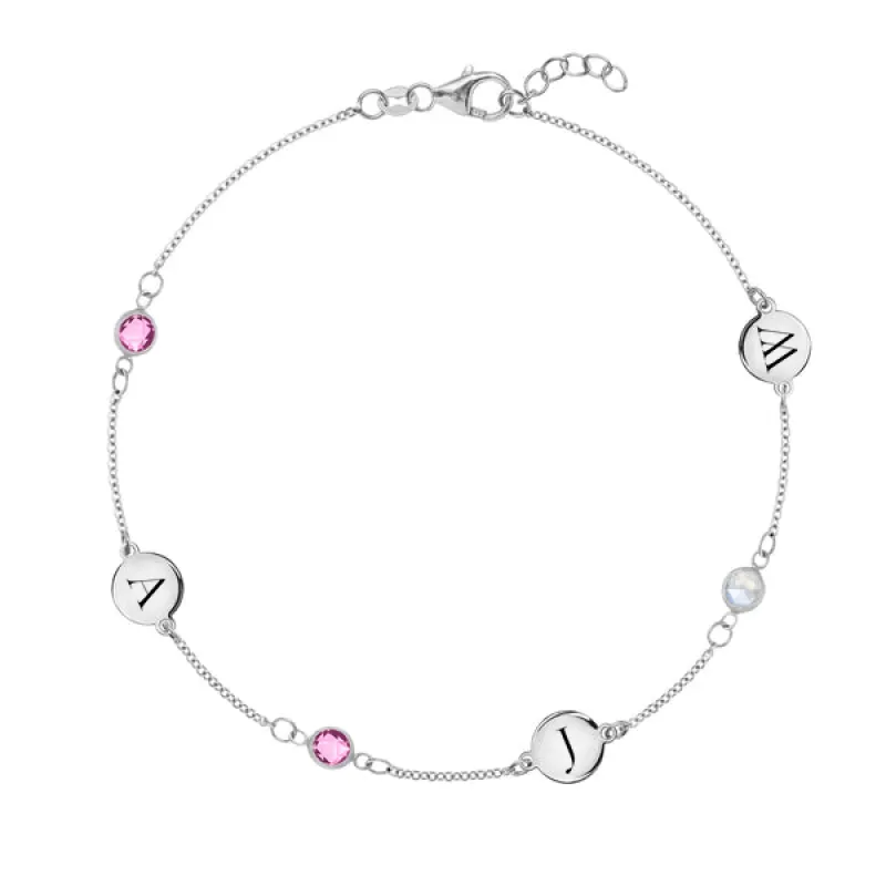 Personalized Classic 3 Letter & 3 Birthstone Bracelet in 14k Gold sold by Haverhill