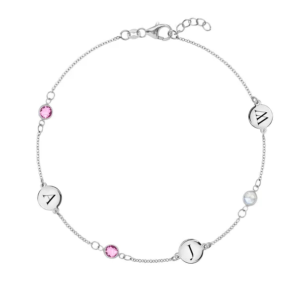 Personalized Classic 3 Letter & 3 Birthstone Bracelet in 14k Gold sold by Haverhill