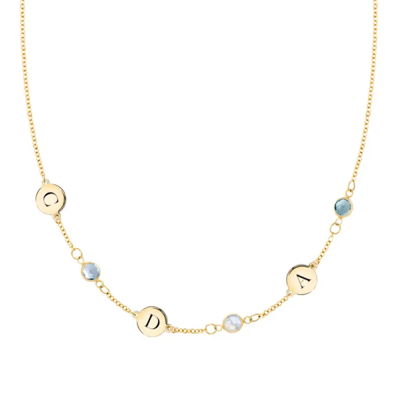 Personalized Classic 3 Letter & 3 Birthstone Necklace in 14k Gold (Single Spacing) sold by Haverhill