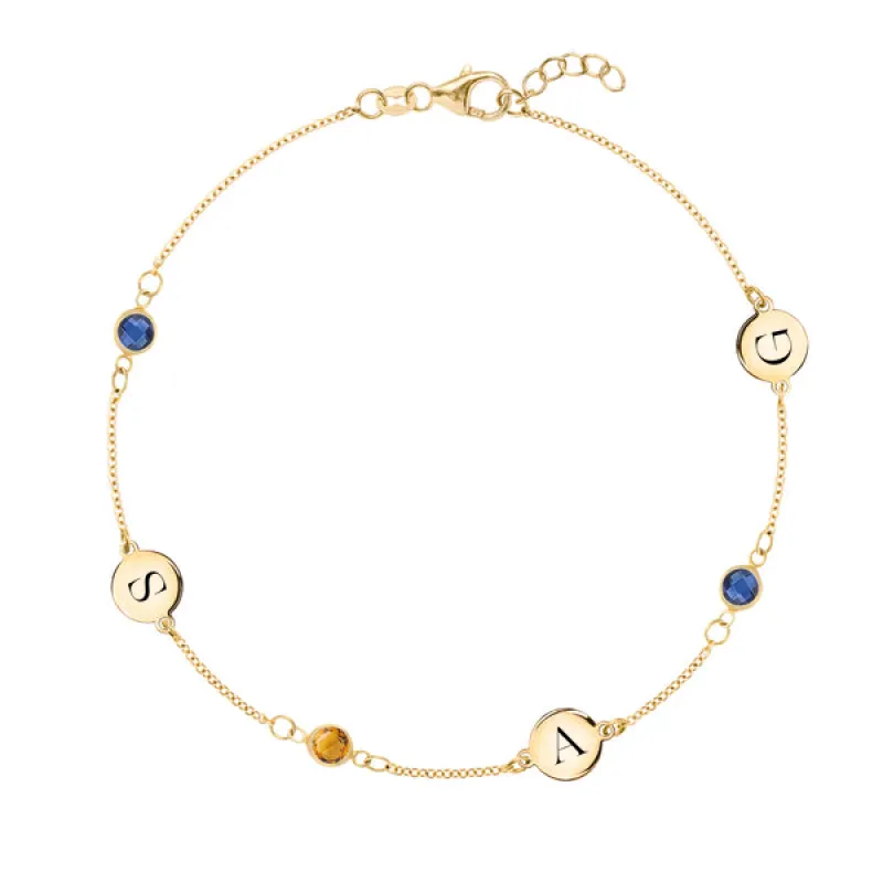 Personalized Classic 3 Letter & 3 Birthstone Bracelet in 14k Gold sold by Haverhill