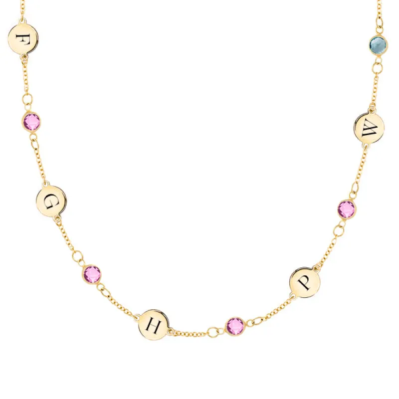 Personalized Classic 5 Letter & 5 Birthstone Necklace in 14k Gold (Single Spacing) sold by Haverhill
