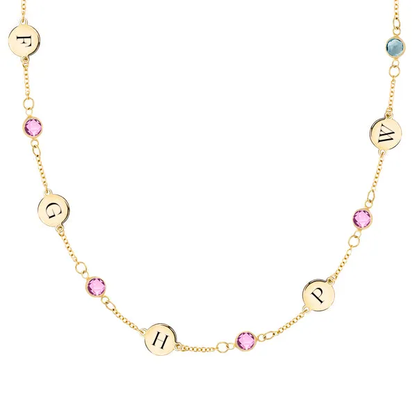 Personalized Classic 5 Letter & 5 Birthstone Necklace in 14k Gold (Single Spacing) sold by Haverhill