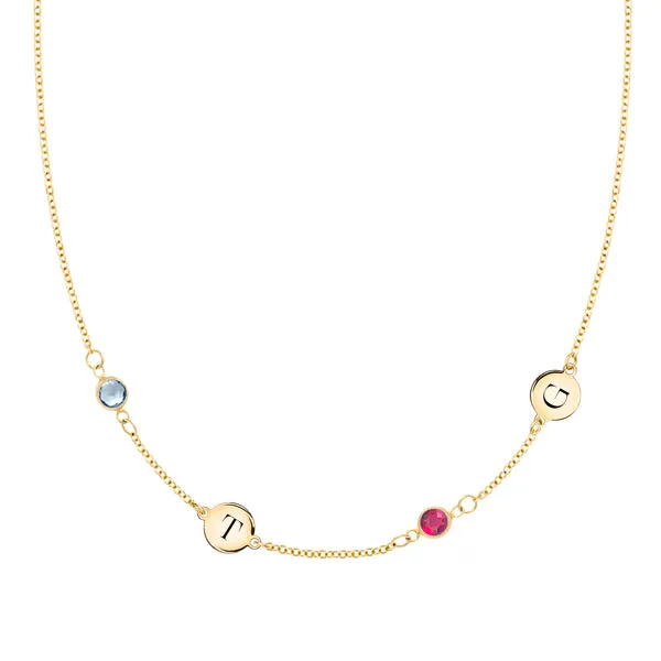 Personalized Classic 2 Letter & 2 Birthstone Necklace in 14k Gold (Double Spacing) sold by Haverhill