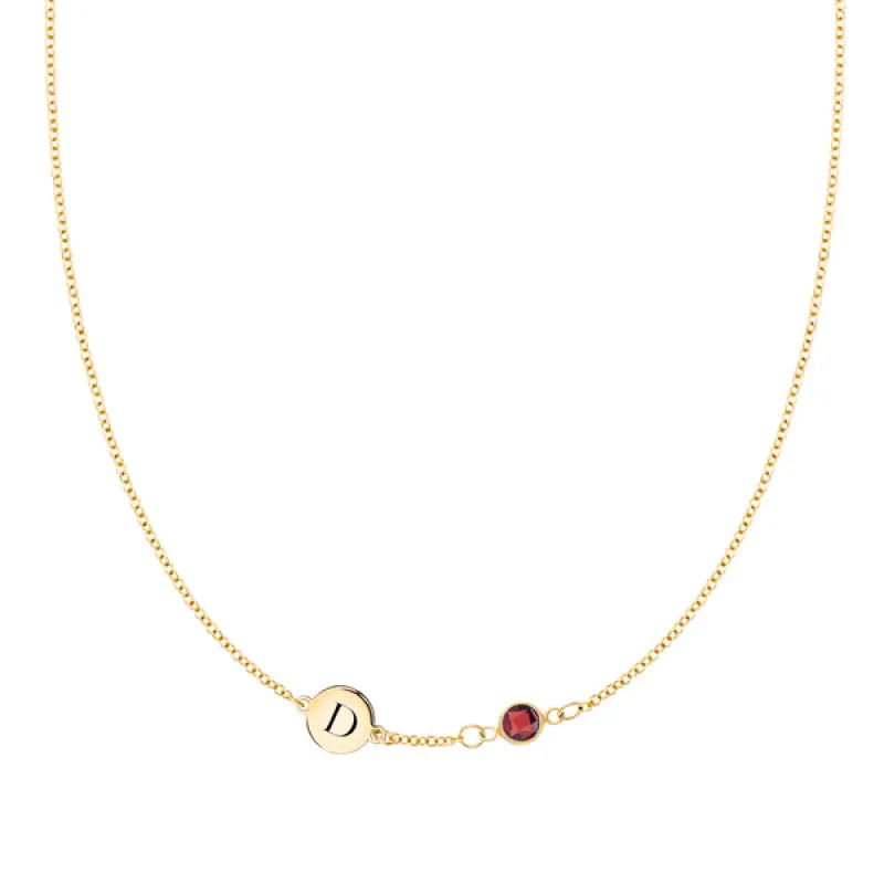 Personalized Classic 1 Letter & 1 Birthstone Necklace in 14k Gold (Single Spacing) sold by Haverhill