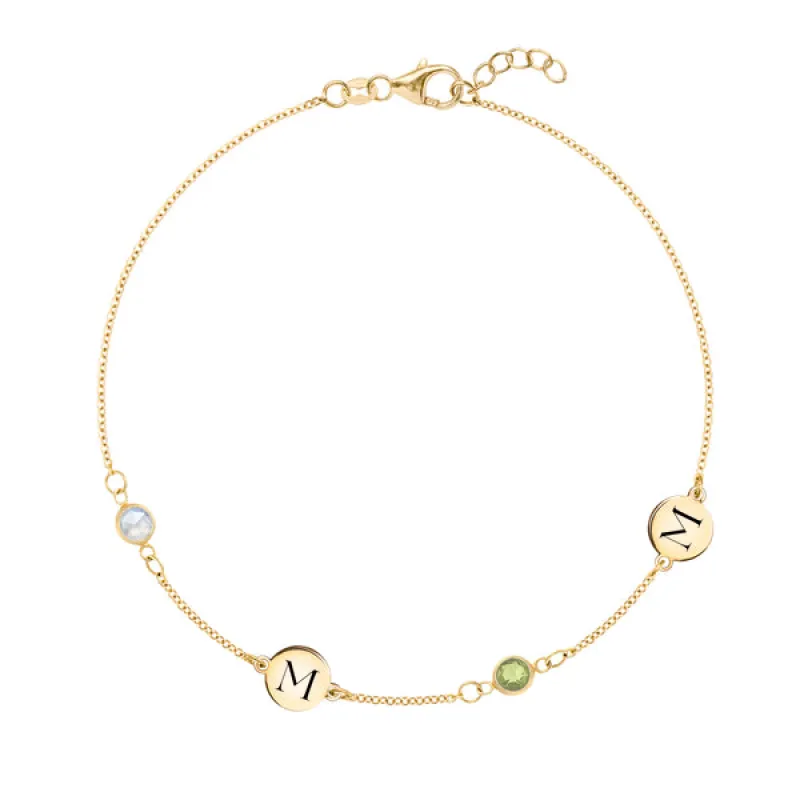 Personalized Classic 2 Letter & 2 Birthstone Bracelet in 14k Gold sold by Haverhill