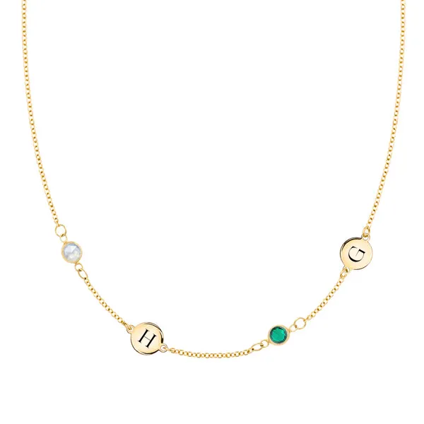 Personalized Classic 2 Letter & 2 Birthstone Necklace in 14k Gold (Double Spacing) sold by Haverhill