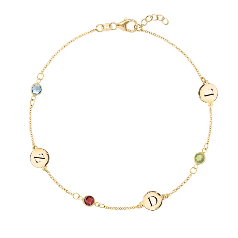 Personalized Classic 3 Letter & 3 Birthstone Bracelet in 14k Gold sold by Haverhill