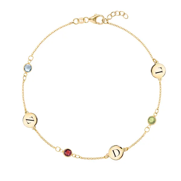 Personalized Classic 3 Letter & 3 Birthstone Bracelet in 14k Gold sold by Haverhill