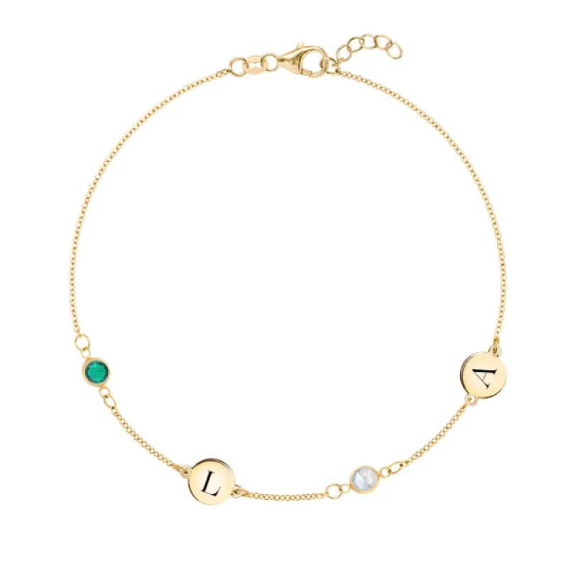 Personalized Classic 2 Letter & 2 Birthstone Bracelet in 14k Gold sold by Haverhill