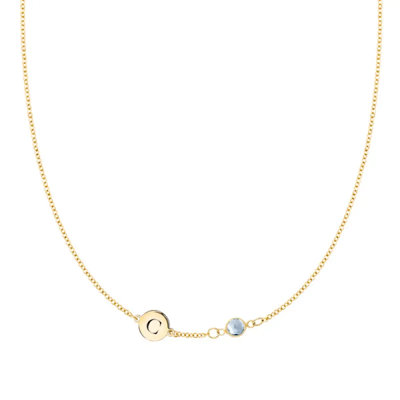 Personalized Classic 1 Letter & 1 Birthstone Necklace in 14k Gold (Single Spacing) sold by Haverhill