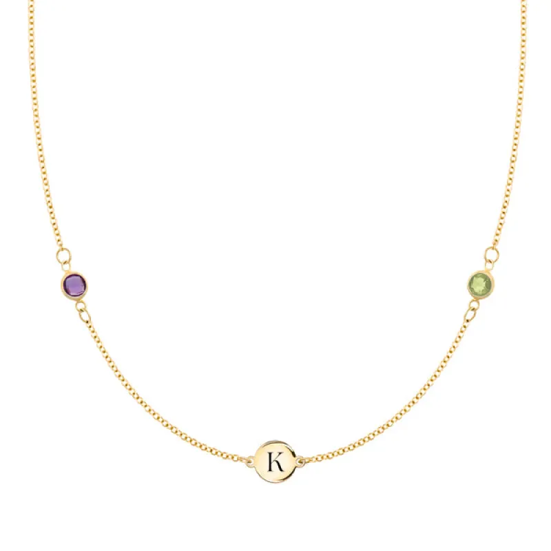 Personalized Classic 1 Letter & 2 Birthstone Necklace in 14k Gold sold by Haverhill