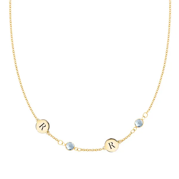 Personalized Classic 2 Letter & 2 Birthstone Necklace in 14k Gold (Single Spacing) sold by Haverhill