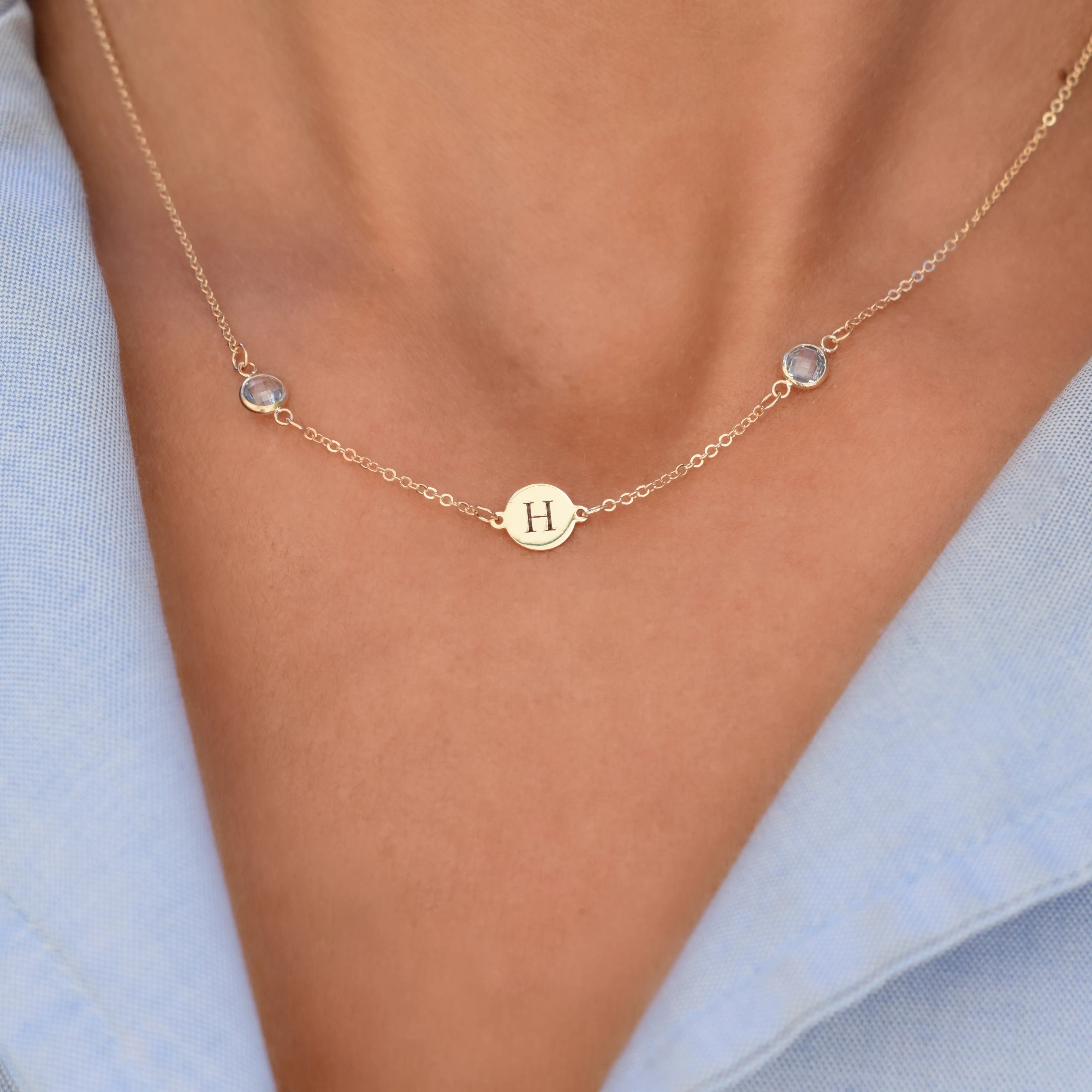Personalized Classic 1 Letter & 2 Birthstone Necklace in 14k Gold sold by Haverhill product image thumbnail 3