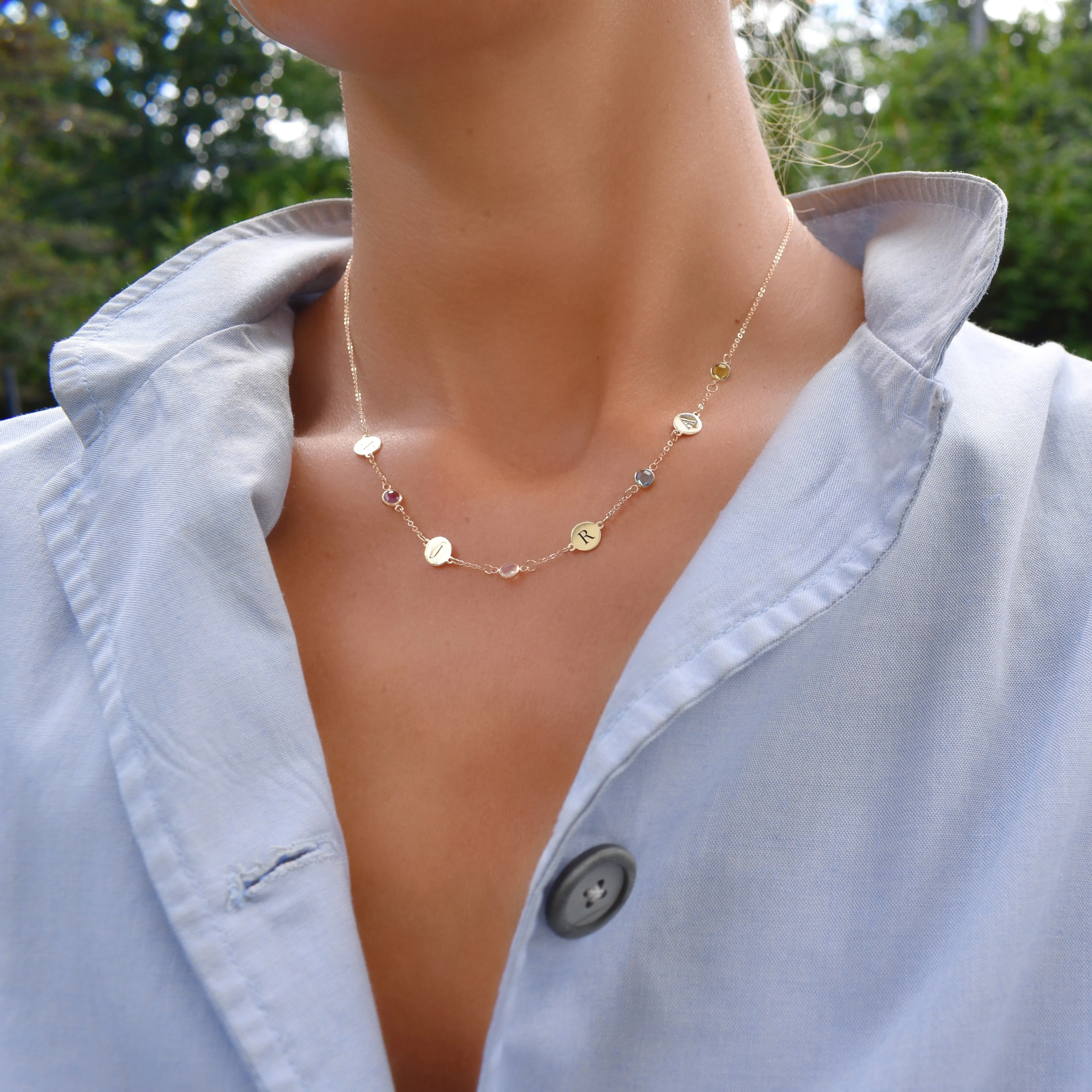 Personalized Classic 4 Letter & 4 Birthstone Necklace in 14k Gold (Single Spacing) sold by Haverhill product image thumbnail 2