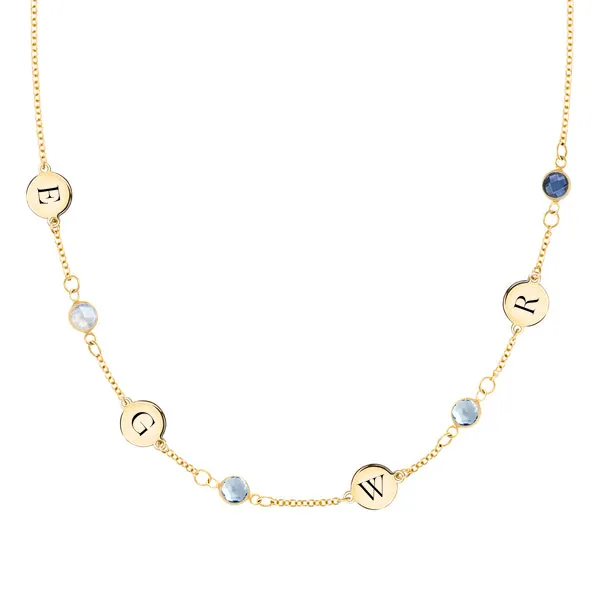 Personalized Classic 4 Letter & 4 Birthstone Necklace in 14k Gold (Single Spacing) sold by Haverhill