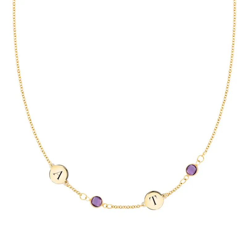 Personalized Classic 2 Letter & 2 Birthstone Necklace in 14k Gold (Single Spacing) sold by Haverhill
