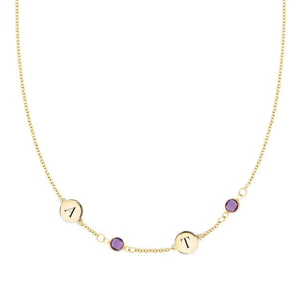 Personalized Classic 2 Letter & 2 Birthstone Necklace in 14k Gold (Single Spacing) sold by Haverhill