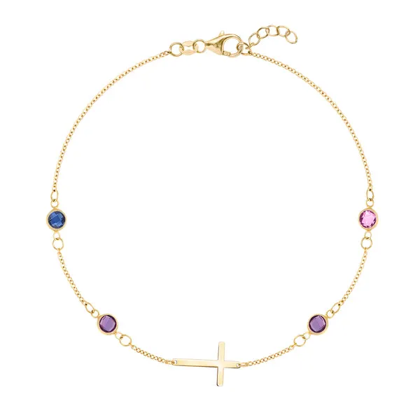 Personalized Classic Cross & 4 Birthstone Bracelet in 14k Gold sold by Haverhill