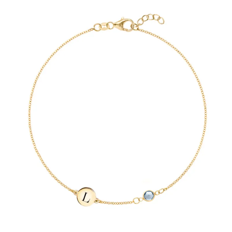 Personalized 1 Letter & 1 Classic Aquamarine Bracelet in 14k Gold (March) sold by Haverhill