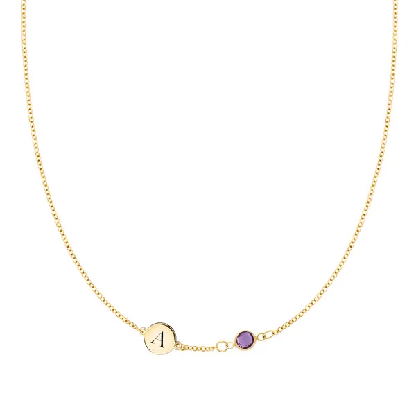 Personalized Classic 1 Letter & 1 Birthstone Necklace in 14k Gold (Single Spacing) sold by Haverhill