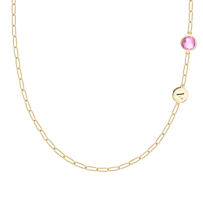 1 Letter & 1 Grand Pink Sapphire Adelaide Mini Necklace in 14k Gold (October) sold by Haverhill