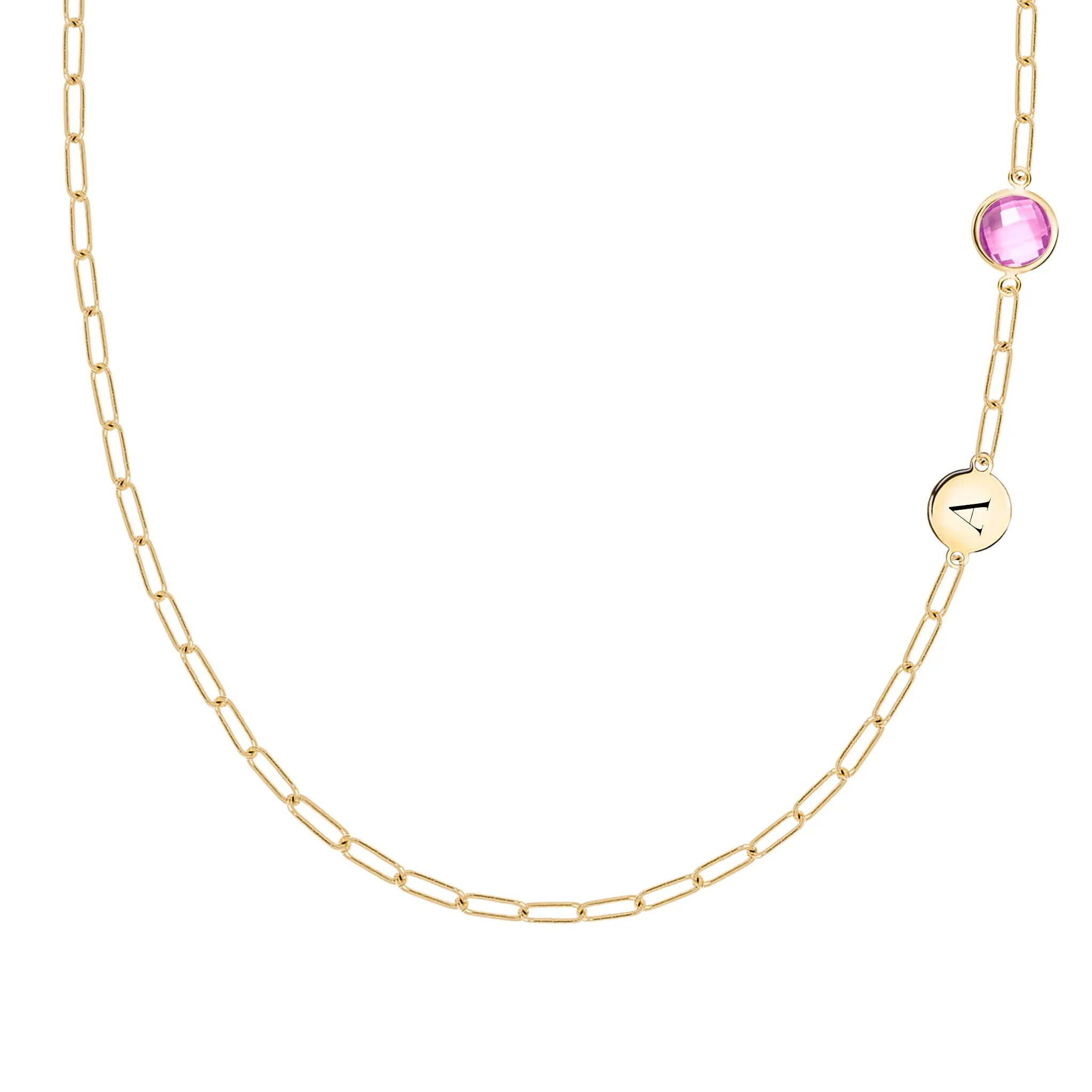 1 Letter & 1 Grand Pink Sapphire Adelaide Mini Necklace in 14k Gold (October) sold by Haverhill