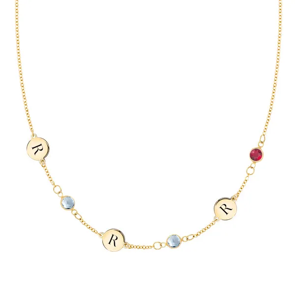 Personalized 3 Letter & 3 Classic Birthstone Necklace in 14k Gold (Single Spacing) sold by Haverhill