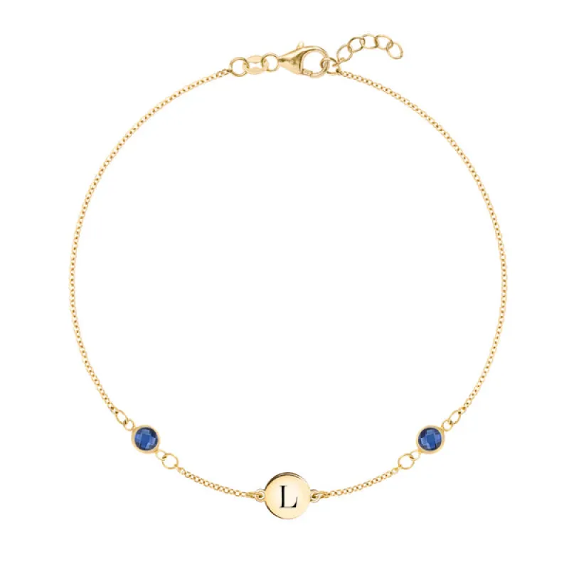 Personalized Classic 1 Letter & 2 Birthstone Bracelet in 14k Gold sold by Haverhill