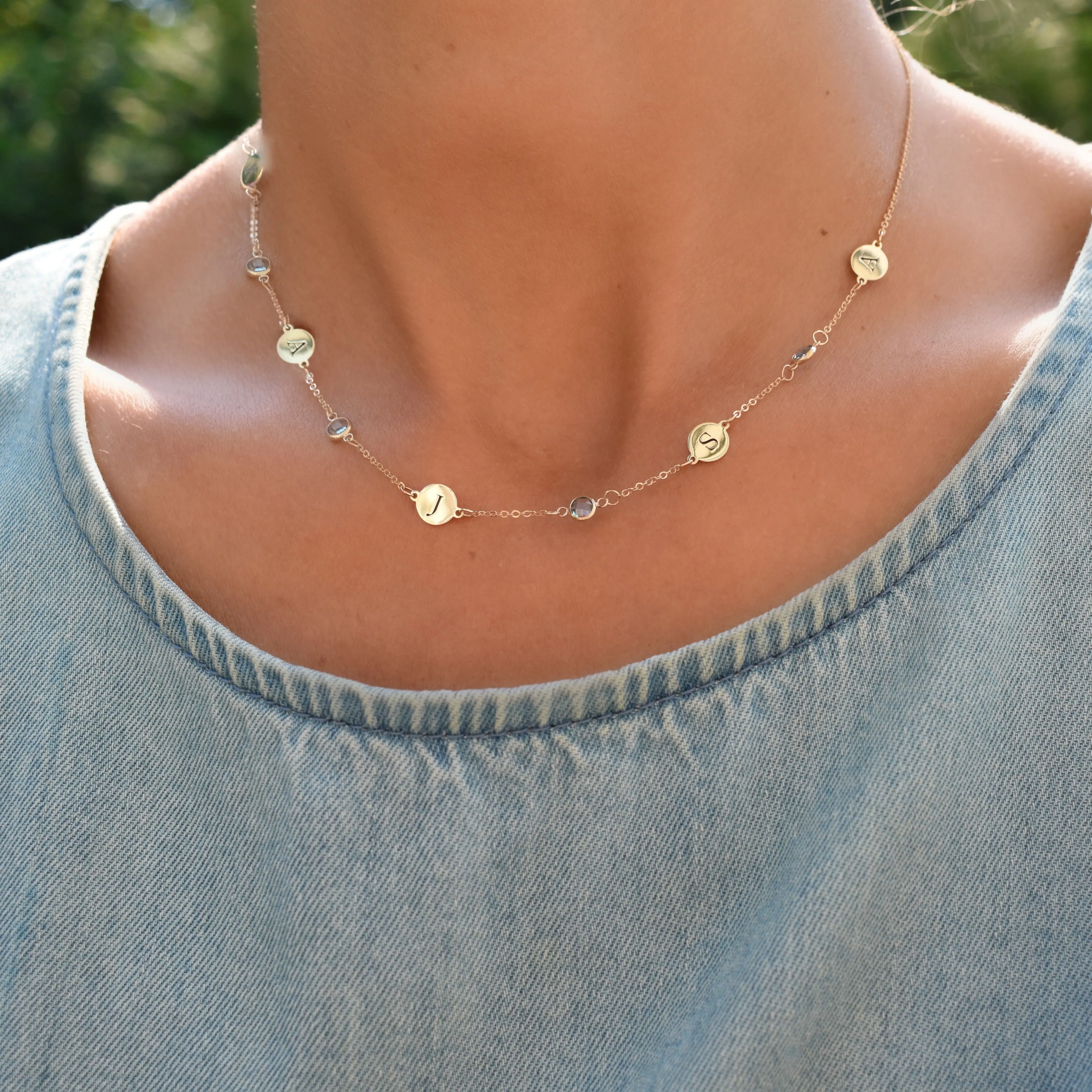 Personalized Classic 5 Letter & 5 Birthstone Necklace in 14k Gold (Single Spacing) sold by Haverhill product image thumbnail 3