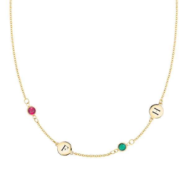 Personalized Classic 2 Letter & 2 Birthstone Necklace in 14k Gold (Double Spacing) sold by Haverhill