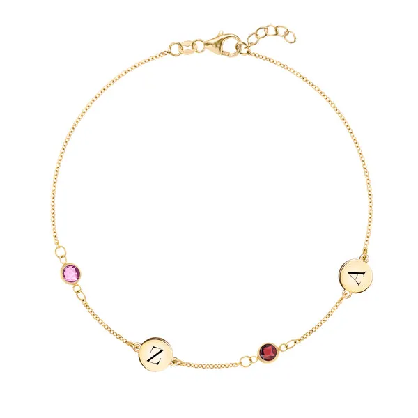 Personalized Classic 2 Letter & 2 Birthstone Bracelet in 14k Gold sold by Haverhill