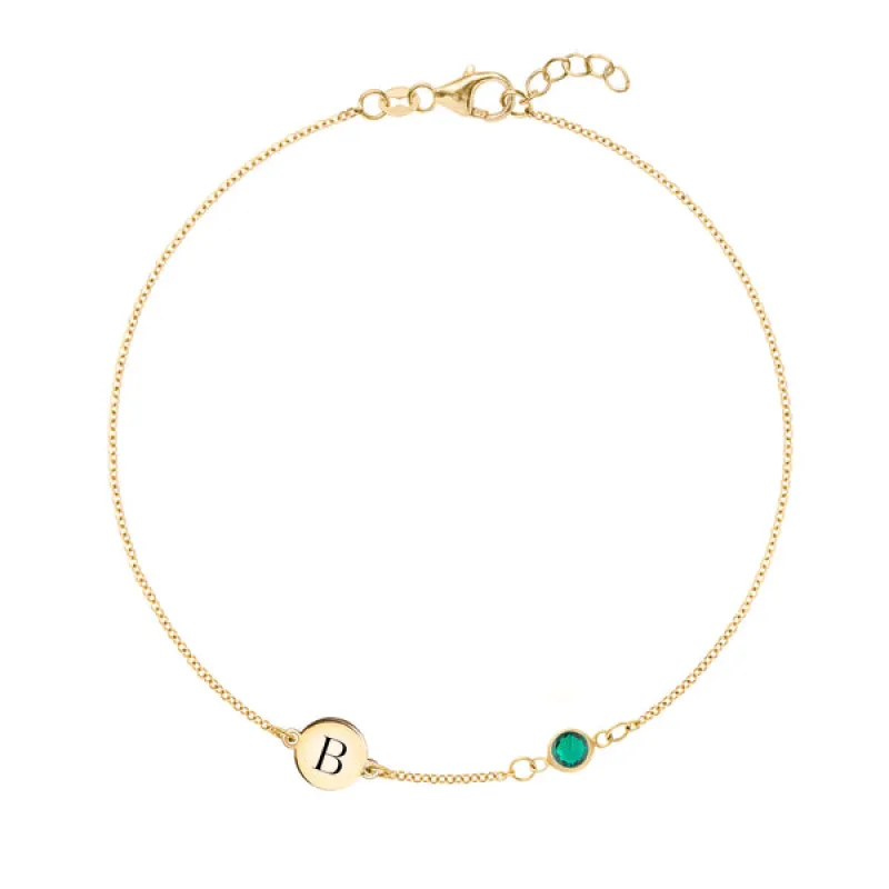 Personalized Classic 1 Letter & 1 Emerald Bracelet in 14k Gold (May) sold by Haverhill