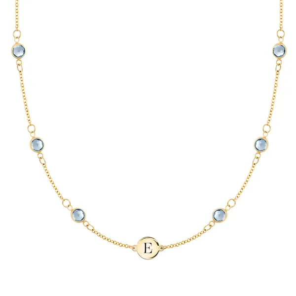 Personalized Classic 1 Letter & 6 Birthstone Necklace in 14k Gold (Double Spacing) sold by Haverhill