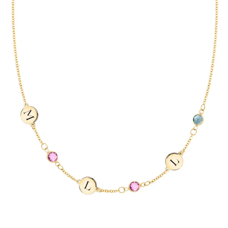 Personalized Classic 3 Letter & 3 Birthstone Necklace in 14k Gold (Single Spacing) sold by Haverhill