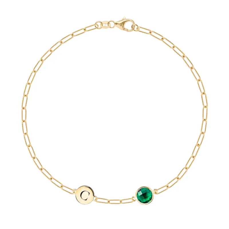 Personalized 1 Letter & 1 Grand Emerald Adelaide Mini Bracelet in 14k Gold (May) sold by Haverhill