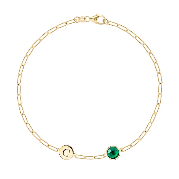Personalized 1 Letter & 1 Grand Emerald Adelaide Mini Bracelet in 14k Gold (May) sold by Haverhill