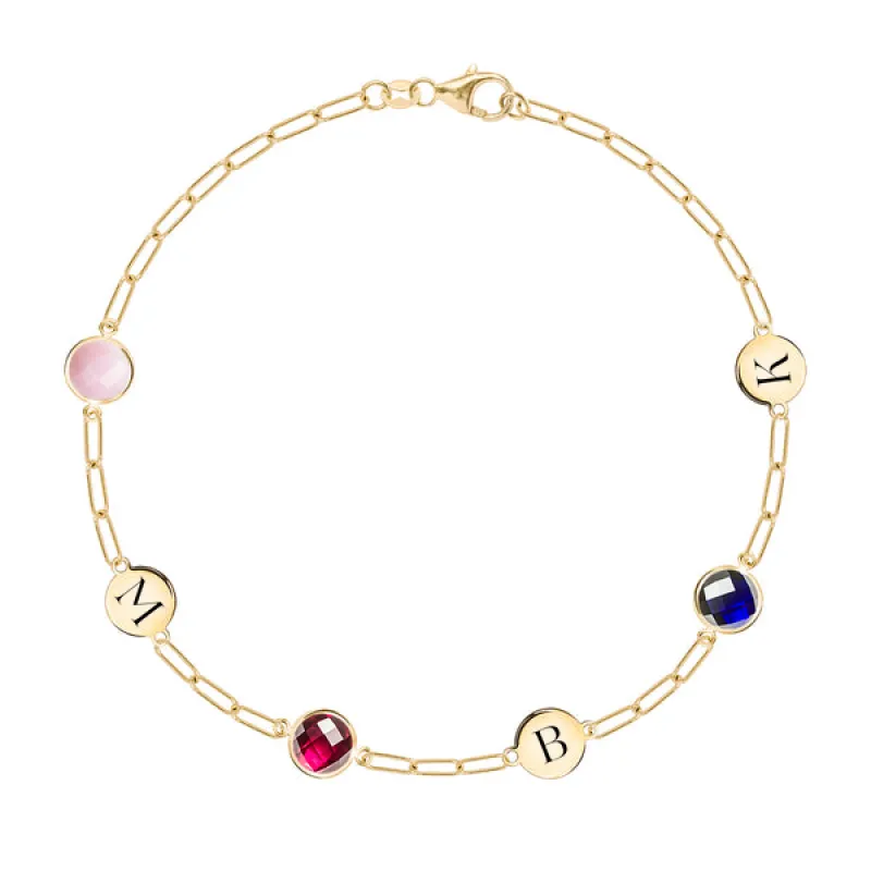 Personalized Grand 3 Letter & 3 Birthstone Adelaide Mini Bracelet in 14k Gold sold by Haverhill