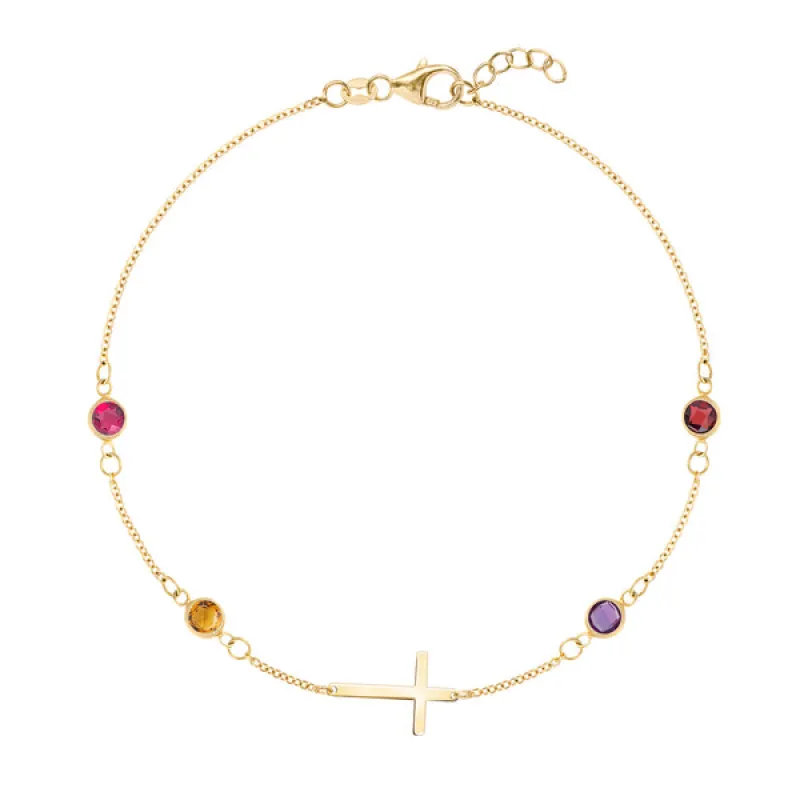 Personalized Classic Cross & 4 Birthstone Bracelet in 14k Gold sold by Haverhill