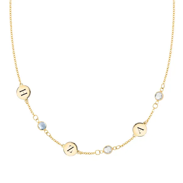 Personalized Classic 3 Letter & 3 Birthstone Necklace in 14k Gold (Single Spacing) sold by Haverhill