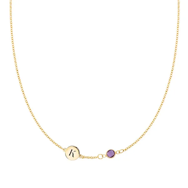Personalized Classic 1 Letter & 1 Birthstone Necklace in 14k Gold (Single Spacing) sold by Haverhill
