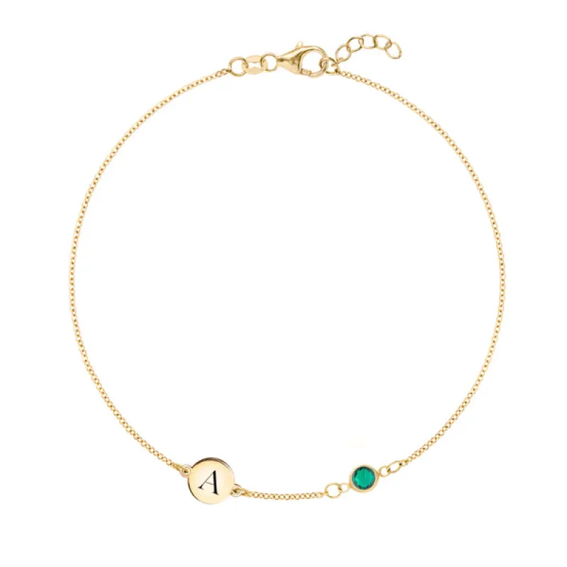 Personalized Classic 1 Letter & 1 Emerald Bracelet in 14k Gold (May) sold by Haverhill