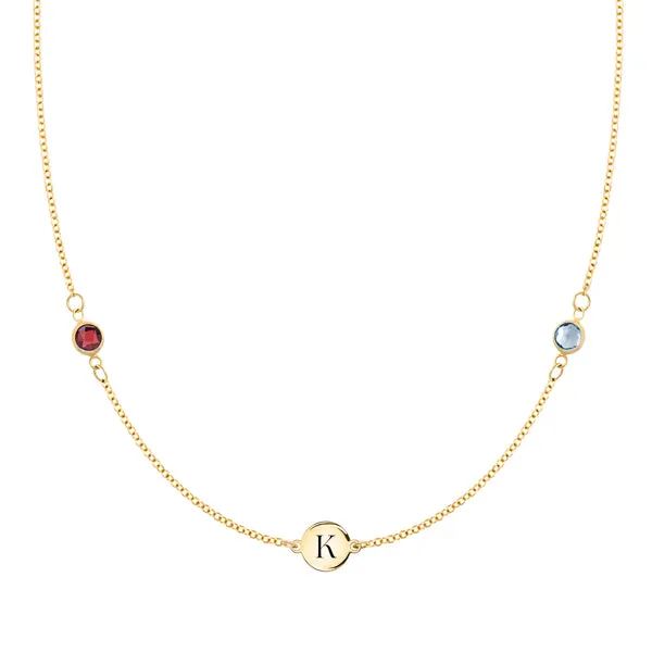 Personalized Classic 1 Letter & 2 Birthstone Necklace in 14k Gold sold by Haverhill