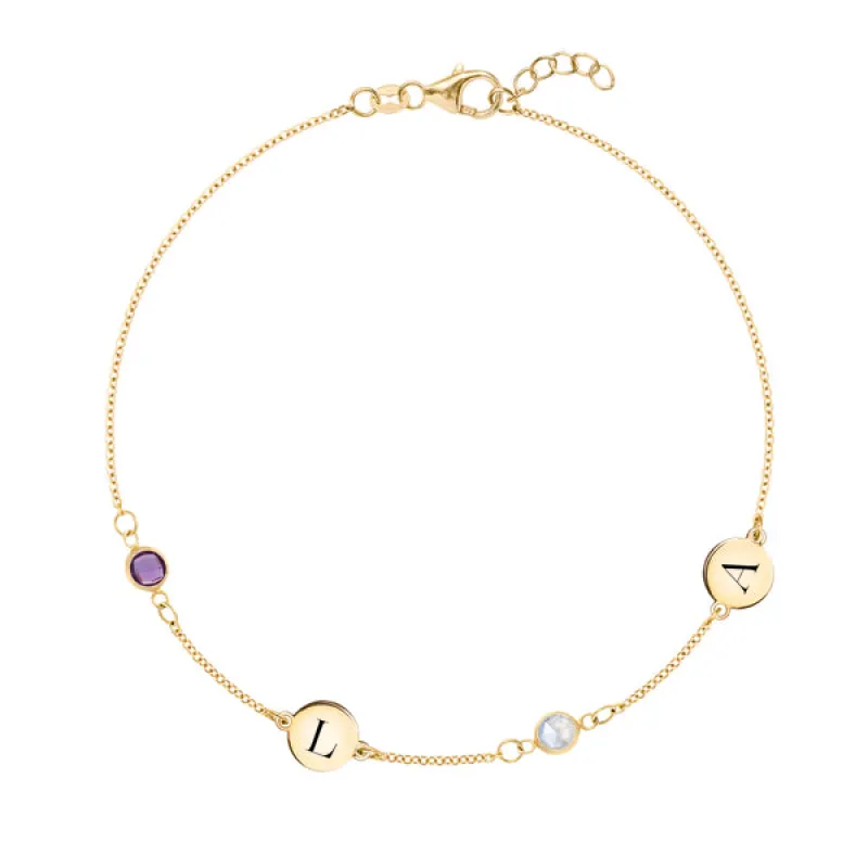 Personalized Classic 2 Letter & 2 Birthstone Bracelet in 14k Gold sold by Haverhill