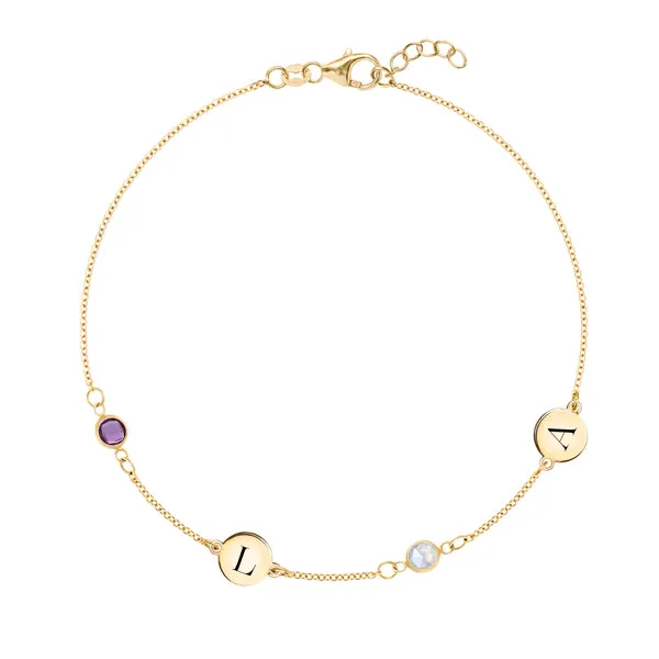 Personalized Classic 2 Letter & 2 Birthstone Bracelet in 14k Gold sold by Haverhill