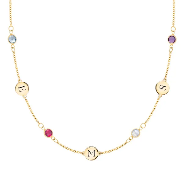 Personalized Classic 3 Letter & 4 Birthstone Necklace in 14k Gold (Double Spacing) sold by Haverhill