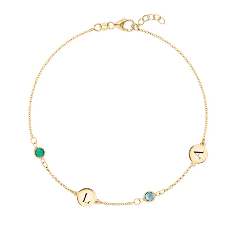 Personalized Classic 2 Letter & 2 Birthstone Bracelet in 14k Gold sold by Haverhill