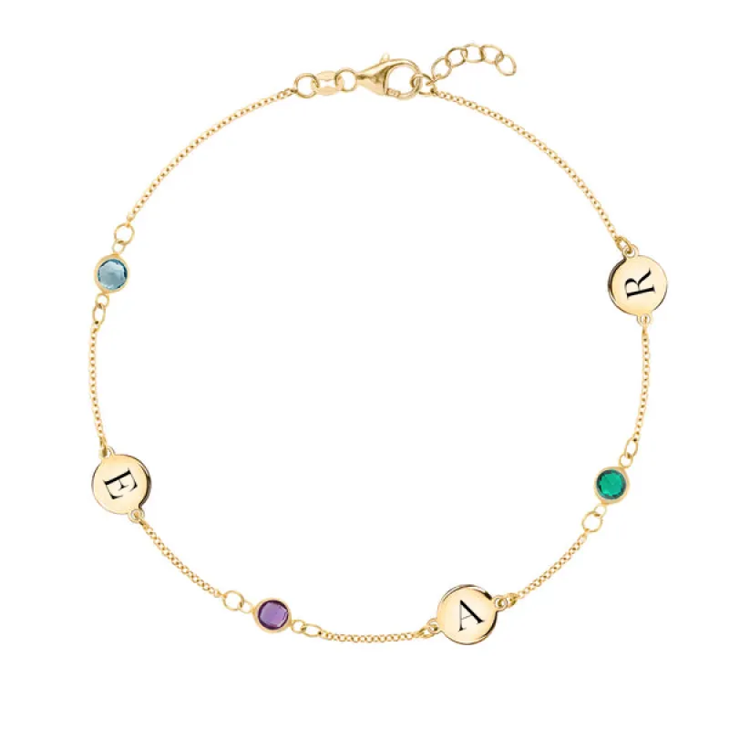 Personalized Classic 3 Letter & 3 Birthstone Bracelet in 14k Gold sold by Haverhill