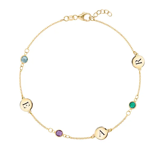 Personalized Classic 3 Letter & 3 Birthstone Bracelet in 14k Gold sold by Haverhill