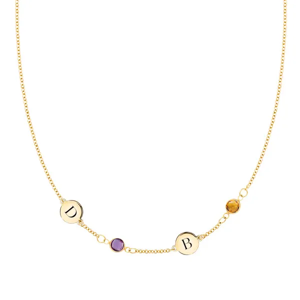 Personalized 2 Letter & 2 Classic Birthstone Necklace in 14k Gold (Single Spacing) sold by Haverhill